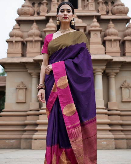 Purple and Rani Pink Bold Leaf Zari Motif Kanjeevaram Pure Silk Bridal Saree, Contrast Pallu with Minimal Gold Border, 110 cm Width, Made in India-D22763