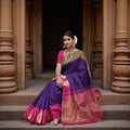 Purple and Rani Pink Bold Leaf Zari Motif Kanjeevaram Pure Silk Bridal Saree, Contrast Pallu with Minimal Gold Border, 110 cm Width, Made in India-D22763