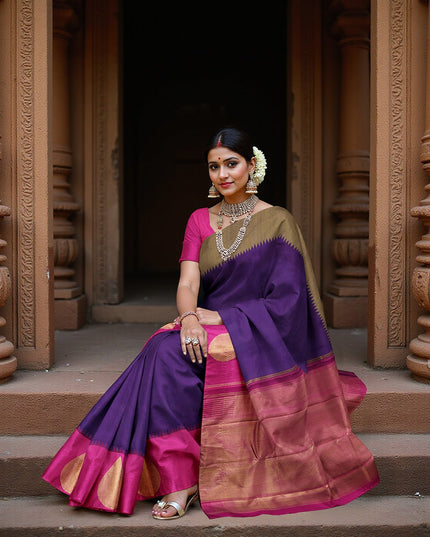 Purple and Rani Pink Bold Leaf Zari Motif Kanjeevaram Pure Silk Bridal Saree, Contrast Pallu with Minimal Gold Border, 110 cm Width, Made in India-D22763