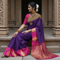 Purple and Rani Pink Bold Leaf Zari Motif Kanjeevaram Pure Silk Bridal Saree, Contrast Pallu with Minimal Gold Border, 110 cm Width, Made in India-D22763