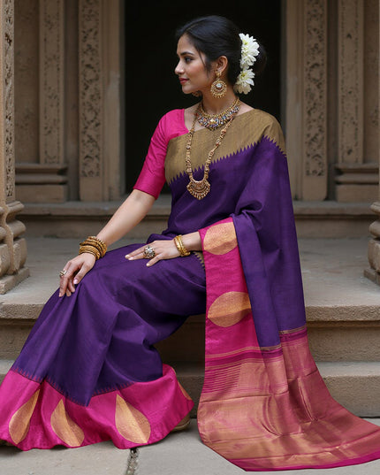 Purple and Rani Pink Bold Leaf Zari Motif Kanjeevaram Pure Silk Bridal Saree, Contrast Pallu with Minimal Gold Border, 110 cm Width, Made in India-D22763