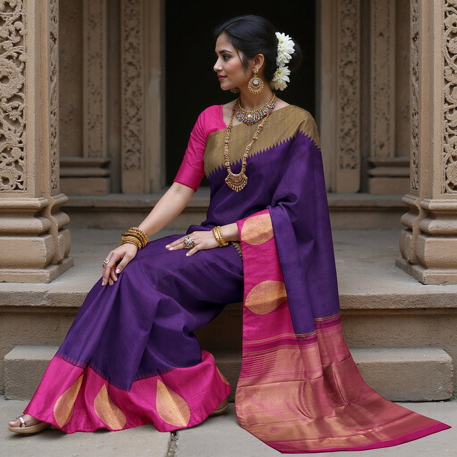 Purple and Rani Pink Bold Leaf Zari Motif Kanjeevaram Pure Silk Bridal Saree, Contrast Pallu with Minimal Gold Border, 110 cm Width, Made in India-D22763