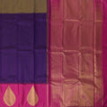Purple and Rani Pink Bold Leaf Zari Motif Kanjeevaram Pure Silk Bridal Saree, Contrast Pallu with Minimal Gold Border, 110 cm Width, Made in India-D22763