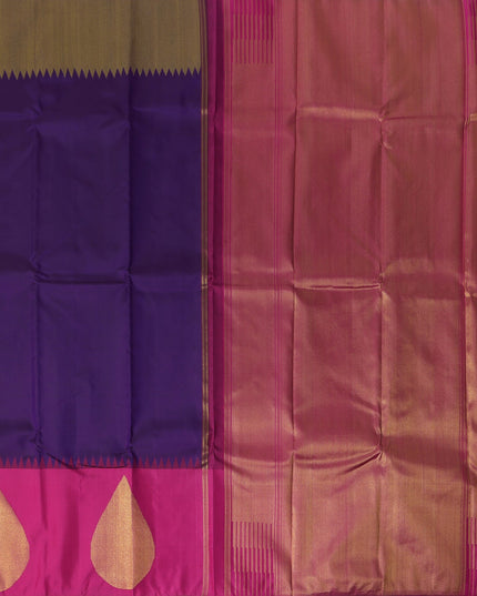 Purple and Rani Pink Bold Leaf Zari Motif Kanjeevaram Pure Silk Bridal Saree, Contrast Pallu with Minimal Gold Border, 110 cm Width, Made in India-D22763