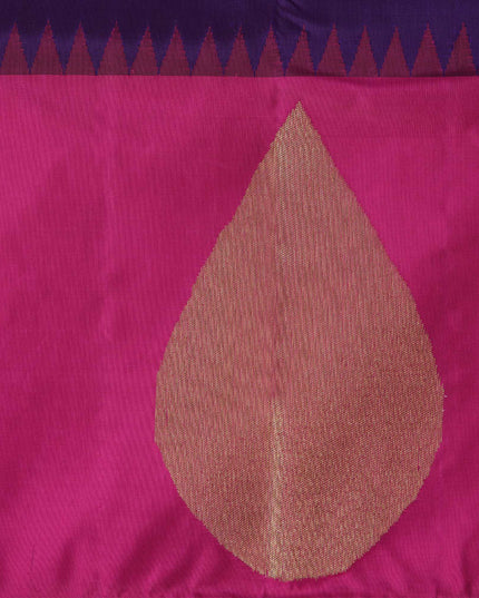 Purple and Rani Pink Bold Leaf Zari Motif Kanjeevaram Pure Silk Bridal Saree, Contrast Pallu with Minimal Gold Border, 110 cm Width, Made in India-D22763