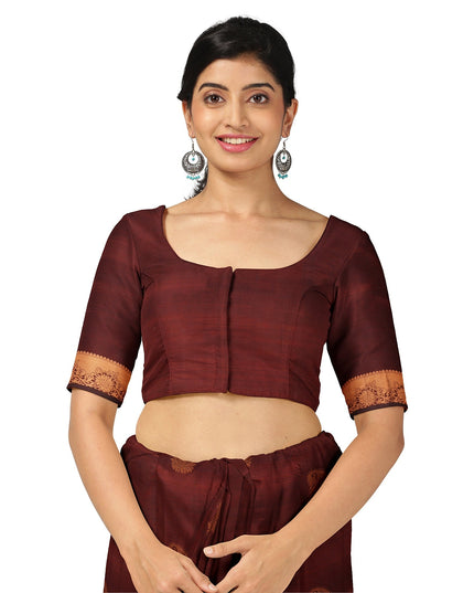 ساري زفاف دائري من الحرير الخالص زاري بوتا كانجيفارام باللونين العنابي والنحاسي، مع حافة مستوحاة من المعبد ونسيج جراند بالو، عرض 110 سم، صنع في الهند - D22766