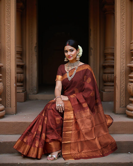 ساري زفاف دائري من الحرير الخالص زاري بوتا كانجيفارام باللونين العنابي والنحاسي، مع حافة مستوحاة من المعبد ونسيج جراند بالو، عرض 110 سم، صنع في الهند - D22766