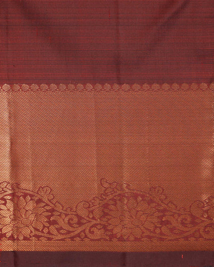 ساري زفاف دائري من الحرير الخالص زاري بوتا كانجيفارام باللونين العنابي والنحاسي، مع حافة مستوحاة من المعبد ونسيج جراند بالو، عرض 110 سم، صنع في الهند - D22766