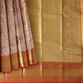 Peach and Mustard Checked Floral Zari Kanjeevaram Pure Silk Bridal Saree, Traditional Red Border with Gold Pallu, 110 cm Width, Made in India-D22767