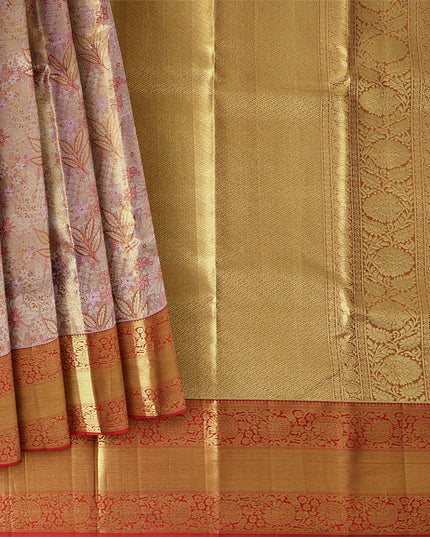 Peach and Mustard Checked Floral Zari Kanjeevaram Pure Silk Bridal Saree, Traditional Red Border with Gold Pallu, 110 cm Width, Made in India-D22767