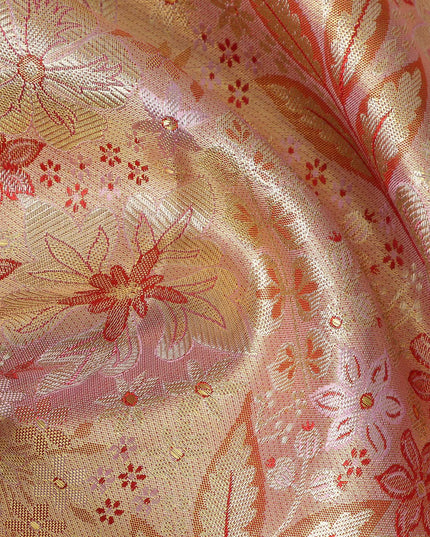 Peach and Mustard Checked Floral Zari Kanjeevaram Pure Silk Bridal Saree, Traditional Red Border with Gold Pallu, 110 cm Width, Made in India-D22767