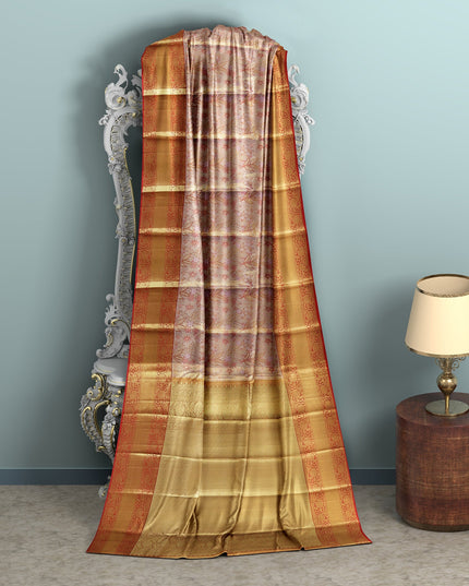 Peach and Mustard Checked Floral Zari Kanjeevaram Pure Silk Bridal Saree, Traditional Red Border with Gold Pallu, 110 cm Width, Made in India-D22767