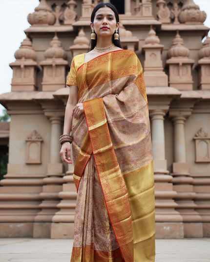 Peach and Mustard Checked Floral Zari Kanjeevaram Pure Silk Bridal Saree, Traditional Red Border with Gold Pallu, 110 cm Width, Made in India-D22767