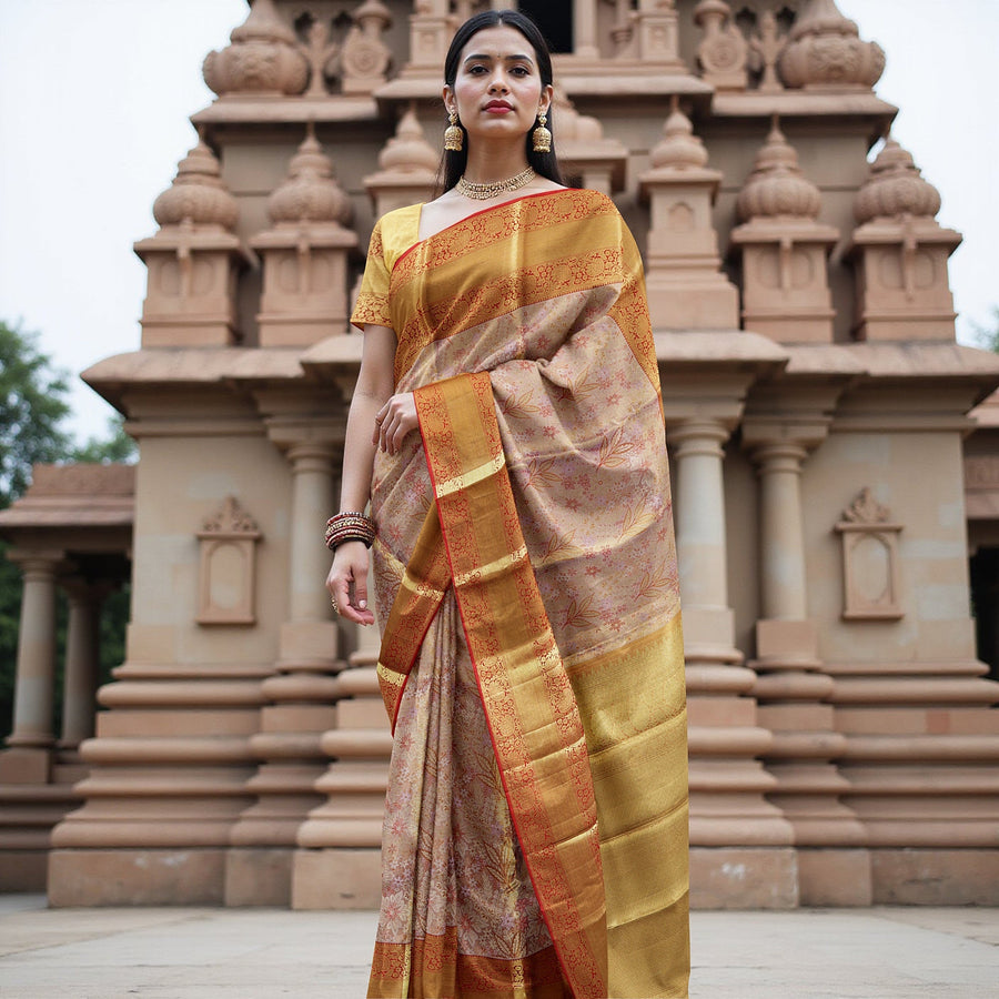 Peach and Mustard Checked Floral Zari Kanjeevaram Pure Silk Bridal Saree, Traditional Red Border with Gold Pallu, 110 cm Width, Made in India-D22767
