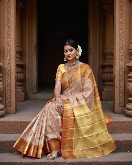 Peach and Mustard Checked Floral Zari Kanjeevaram Pure Silk Bridal Saree, Traditional Red Border with Gold Pallu, 110 cm Width, Made in India-D22767