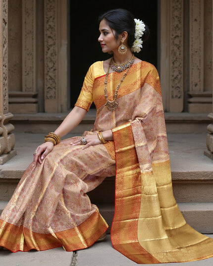 Peach and Mustard Checked Floral Zari Kanjeevaram Pure Silk Bridal Saree, Traditional Red Border with Gold Pallu, 110 cm Width, Made in India-D22767