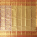 Peach and Mustard Checked Floral Zari Kanjeevaram Pure Silk Bridal Saree, Traditional Red Border with Gold Pallu, 110 cm Width, Made in India-D22767