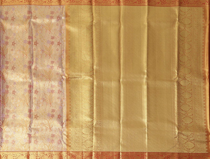 Peach and Mustard Checked Floral Zari Kanjeevaram Pure Silk Bridal Saree, Traditional Red Border with Gold Pallu, 110 cm Width, Made in India-D22767 - Regal Fabrics