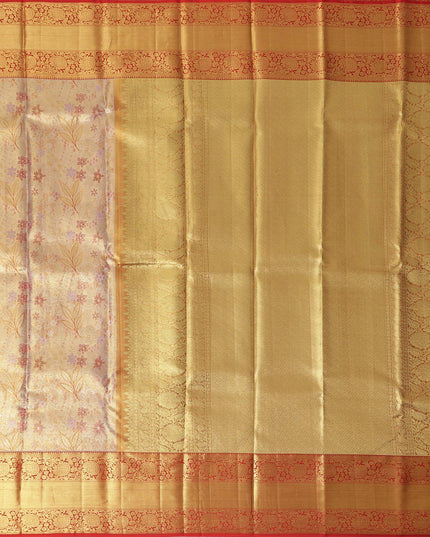 Peach and Mustard Checked Floral Zari Kanjeevaram Pure Silk Bridal Saree, Traditional Red Border with Gold Pallu, 110 cm Width, Made in India-D22767