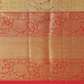 Peach and Mustard Checked Floral Zari Kanjeevaram Pure Silk Bridal Saree, Traditional Red Border with Gold Pallu, 110 cm Width, Made in India-D22767