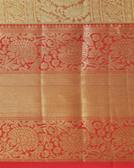 Peach and Mustard Checked Floral Zari Kanjeevaram Pure Silk Bridal Saree, Traditional Red Border with Gold Pallu, 110 cm Width, Made in India-D22767