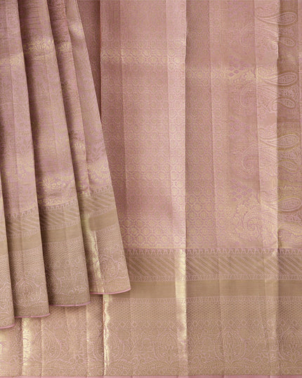 Blush Pink and Gold Subtle Zari Checked Kanjeevaram Pure Silk Bridal Saree, Minimalist Design with Soft Contrast Border, 110 cm Width, Made in India-D22769 - Regal Fabrics