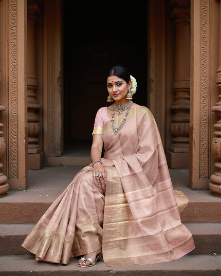 Blush Pink and Gold Subtle Zari Checked Kanjeevaram Pure Silk Bridal Saree, Minimalist Design with Soft Contrast Border, 110 cm Width, Made in India-D22769 - Regal Fabrics