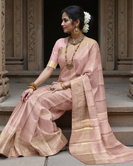 Blush Pink and Gold Subtle Zari Checked Kanjeevaram Pure Silk Bridal Saree, Minimalist Design with Soft Contrast Border, 110 cm Width, Made in India-D22769 - Regal Fabrics