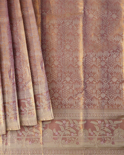 ساري زفاف كانجيفارام من الحرير الخالص، من قماش زاري منقوش باللونين الذهبي الوردي والأرجواني، مع حافة زهرية على شكل فيل مع نقش تقليدي، عرض 110 سم، صنع في الهند - D22770