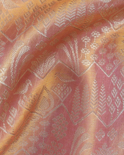 ساري زفاف كانجيفارام من الحرير الخالص، من قماش زاري منقوش باللونين الذهبي الوردي والأرجواني، مع حافة زهرية على شكل فيل مع نقش تقليدي، عرض 110 سم، صنع في الهند - D22770