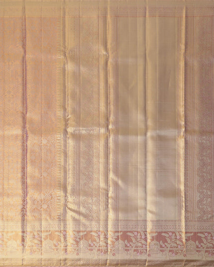 ساري زفاف كانجيفارام من الحرير الخالص، من قماش زاري منقوش باللونين الذهبي الوردي والأرجواني، مع حافة زهرية على شكل فيل مع نقش تقليدي، عرض 110 سم، صنع في الهند - D22770