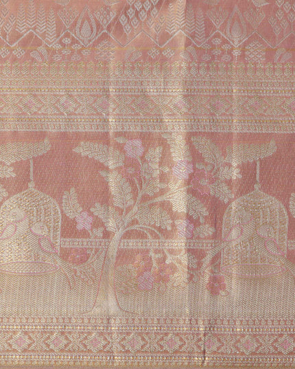 ساري زفاف كانجيفارام من الحرير الخالص، من قماش زاري منقوش باللونين الذهبي الوردي والأرجواني، مع حافة زهرية على شكل فيل مع نقش تقليدي، عرض 110 سم، صنع في الهند - D22770