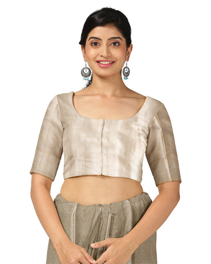 Champagne Gold and Silver Zari Checked Kanjeevaram Pure Silk Bridal Saree, Subtle Geometric Pallu with Self Border, 110 cm Width, Made in India-D22771