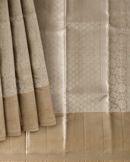 Champagne Gold and Silver Zari Checked Kanjeevaram Pure Silk Bridal Saree, Subtle Geometric Pallu with Self Border, 110 cm Width, Made in India-D22771