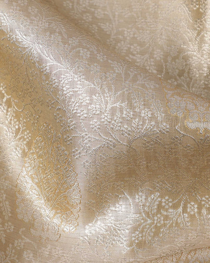 Champagne Gold and Silver Zari Checked Kanjeevaram Pure Silk Bridal Saree, Subtle Geometric Pallu with Self Border, 110 cm Width, Made in India-D22771