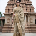 Champagne Gold and Silver Zari Checked Kanjeevaram Pure Silk Bridal Saree, Subtle Geometric Pallu with Self Border, 110 cm Width, Made in India-D22771