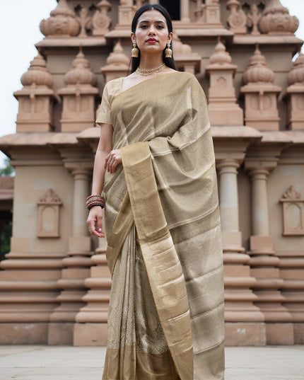 Champagne Gold and Silver Zari Checked Kanjeevaram Pure Silk Bridal Saree, Subtle Geometric Pallu with Self Border, 110 cm Width, Made in India-D22771