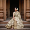 Champagne Gold and Silver Zari Checked Kanjeevaram Pure Silk Bridal Saree, Subtle Geometric Pallu with Self Border, 110 cm Width, Made in India-D22771