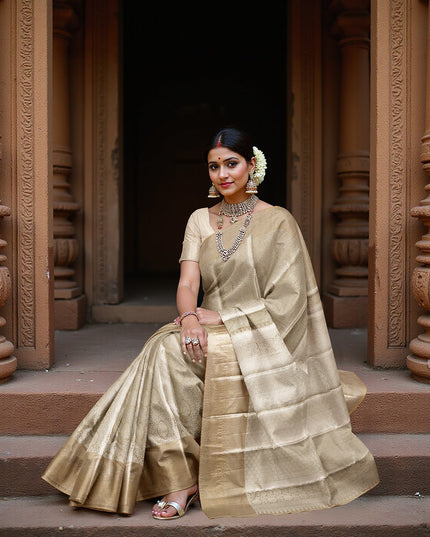 Champagne Gold and Silver Zari Checked Kanjeevaram Pure Silk Bridal Saree, Subtle Geometric Pallu with Self Border, 110 cm Width, Made in India-D22771