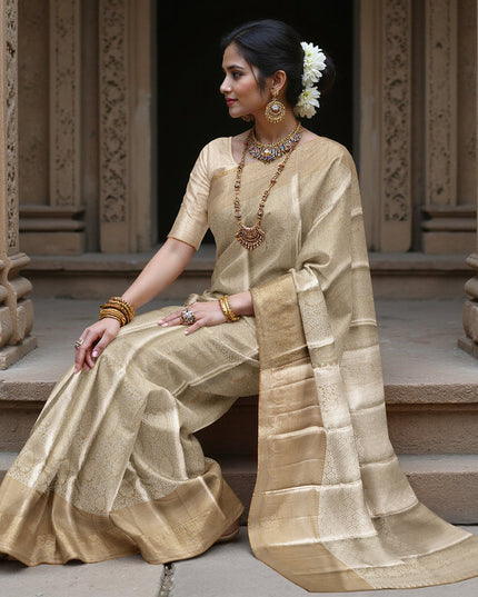Champagne Gold and Silver Zari Checked Kanjeevaram Pure Silk Bridal Saree, Subtle Geometric Pallu with Self Border, 110 cm Width, Made in India-D22771
