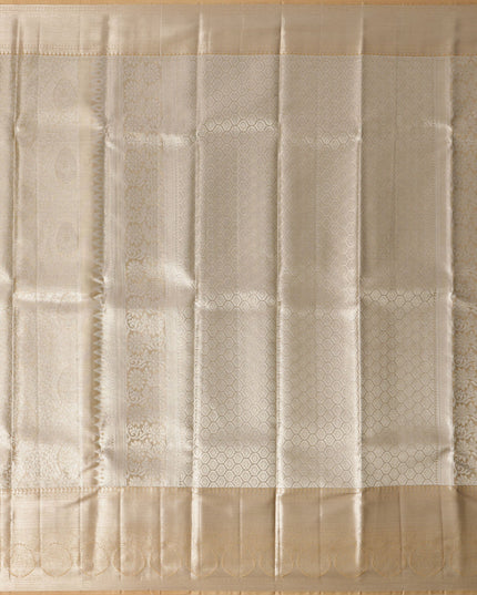 Champagne Gold and Silver Zari Checked Kanjeevaram Pure Silk Bridal Saree, Subtle Geometric Pallu with Self Border, 110 cm Width, Made in India-D22771