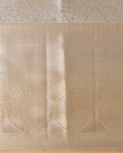 Champagne Gold and Silver Zari Checked Kanjeevaram Pure Silk Bridal Saree, Subtle Geometric Pallu with Self Border, 110 cm Width, Made in India-D22771