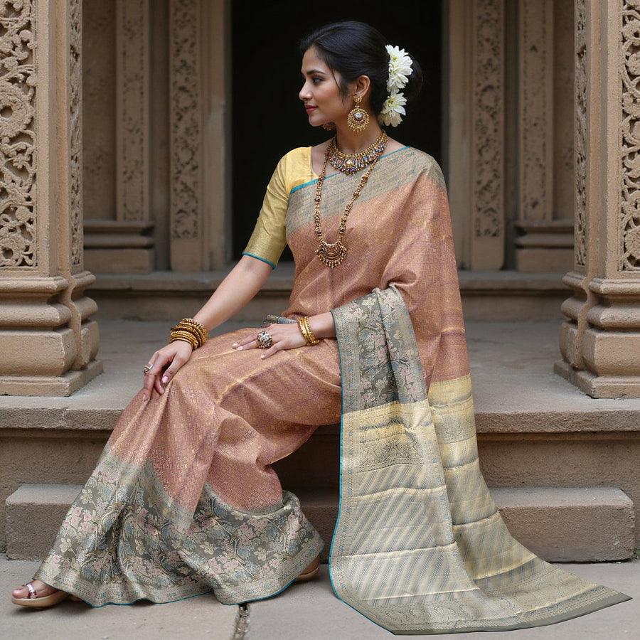 Dusty Rose and Teal Floral Brocade Zari Kanjeevaram Pure Silk Bridal Saree, Contrast Cream Pallu with Temple Motif Border, 110 cm Width, Made in India-D22772