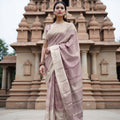 Icy Lilac and Mauve Zari Striped Kanjeevaram Pure Silk Bridal Saree, Subtle Checked Pattern with Soft Border Detailing, 110 cm Width, Made in India-D22773