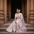 Icy Lilac and Mauve Zari Striped Kanjeevaram Pure Silk Bridal Saree, Subtle Checked Pattern with Soft Border Detailing, 110 cm Width, Made in India-D22773