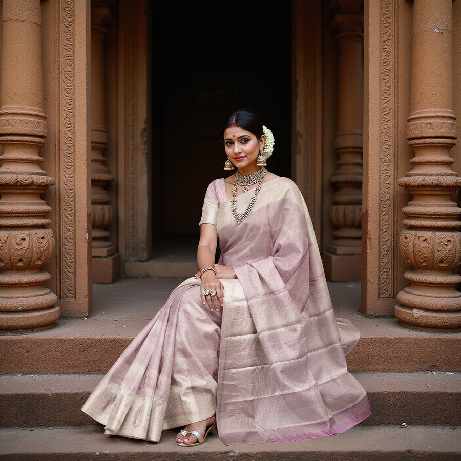 Icy Lilac and Mauve Zari Striped Kanjeevaram Pure Silk Bridal Saree, Subtle Checked Pattern with Soft Border Detailing, 110 cm Width, Made in India-D22773