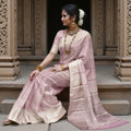 Icy Lilac and Mauve Zari Striped Kanjeevaram Pure Silk Bridal Saree, Subtle Checked Pattern with Soft Border Detailing, 110 cm Width, Made in India-D22773