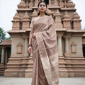 Dusty Rose and Silver Zari Woven Butta Kanjeevaram Pure Silk Bridal Saree, Temple Border with Subtle Motif Pallu, 110 cm Width, Made in India-D22774