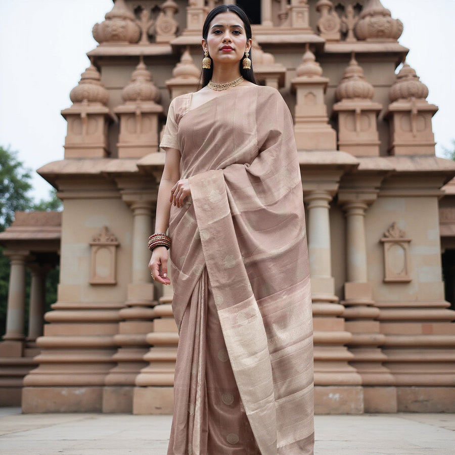 Dusty Rose and Silver Zari Woven Butta Kanjeevaram Pure Silk Bridal Saree, Temple Border with Subtle Motif Pallu, 110 cm Width, Made in India-D22774