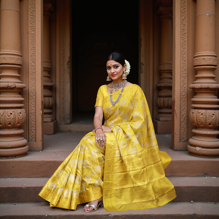 Sunflower Yellow Gold and Silver Floral Brocade Kanjeevaram Pure Silk Bridal Saree, All-Over Zari Weave with Classic Border, 110 cm Width, Made in India-D22775